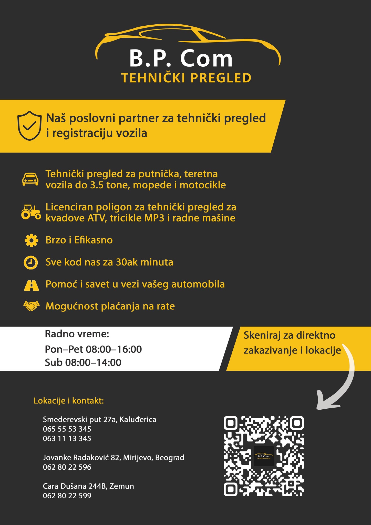 B.P. Com tehnički pregled: radno vreme, lokacije, kontakti i QR kod